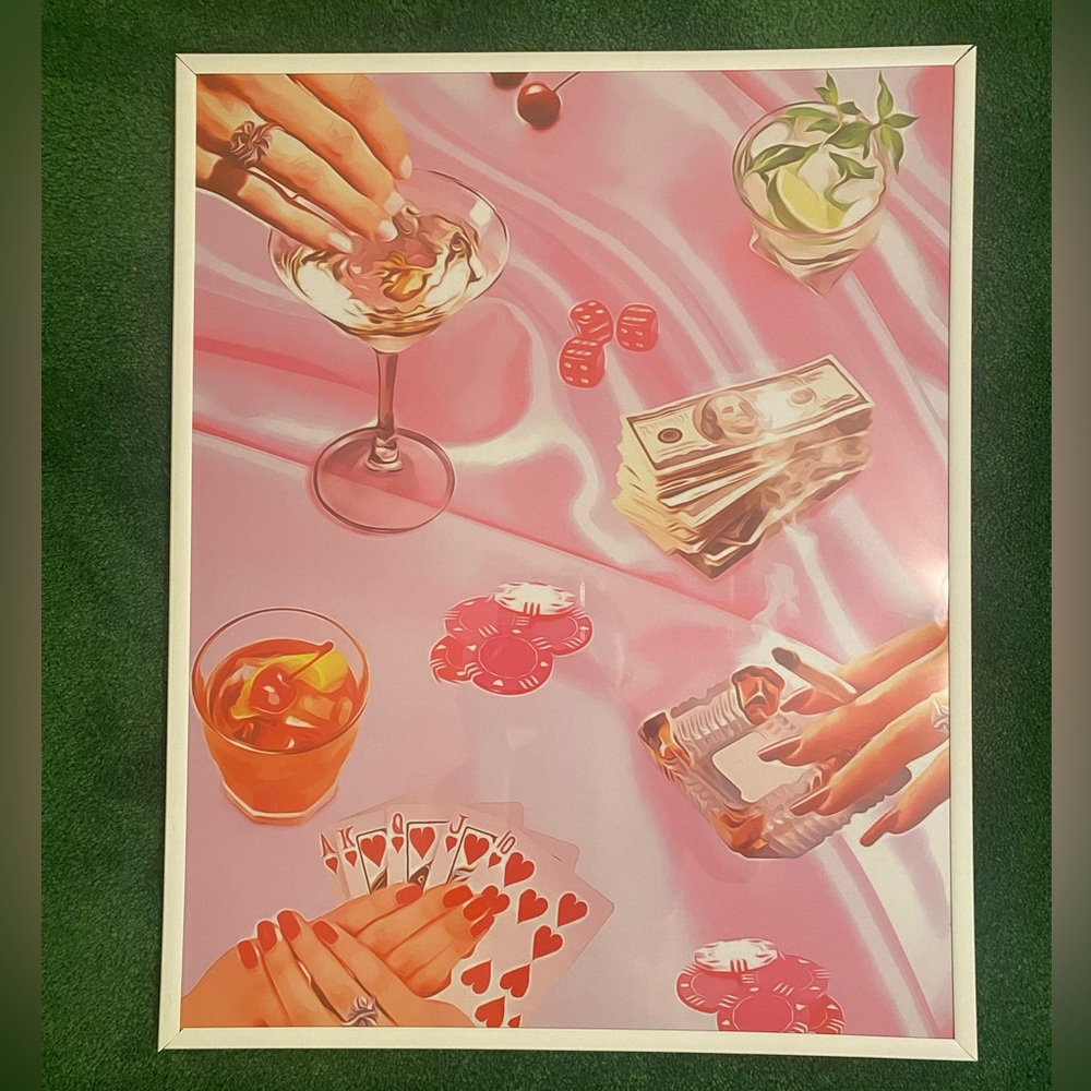 WALL ART: Retro pink playing cards & drinks, physical poster & frame